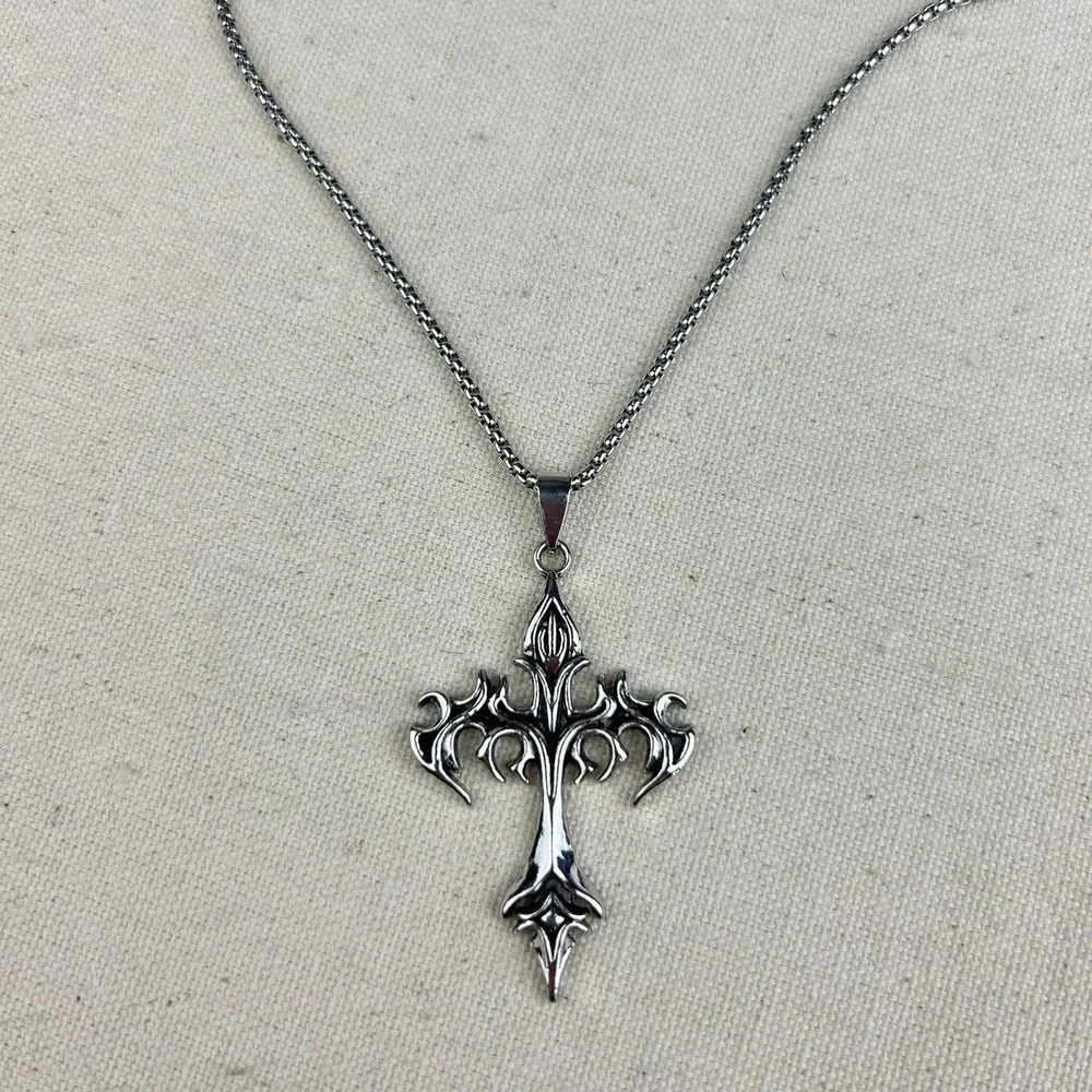 Vintage Y2K silver cross opium cyber punk style necklace emo goth